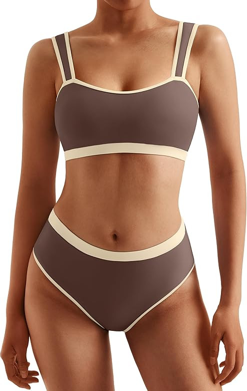 MOOSLOVER Women Sporty Color Block Bikini Sets Cheeky High Cut Two Piece Swimsuit | Amazon (US)