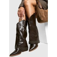 Womens Studded Foldover Western Cowboy Boots - Brown - 5 | boohoo (US & Canada)