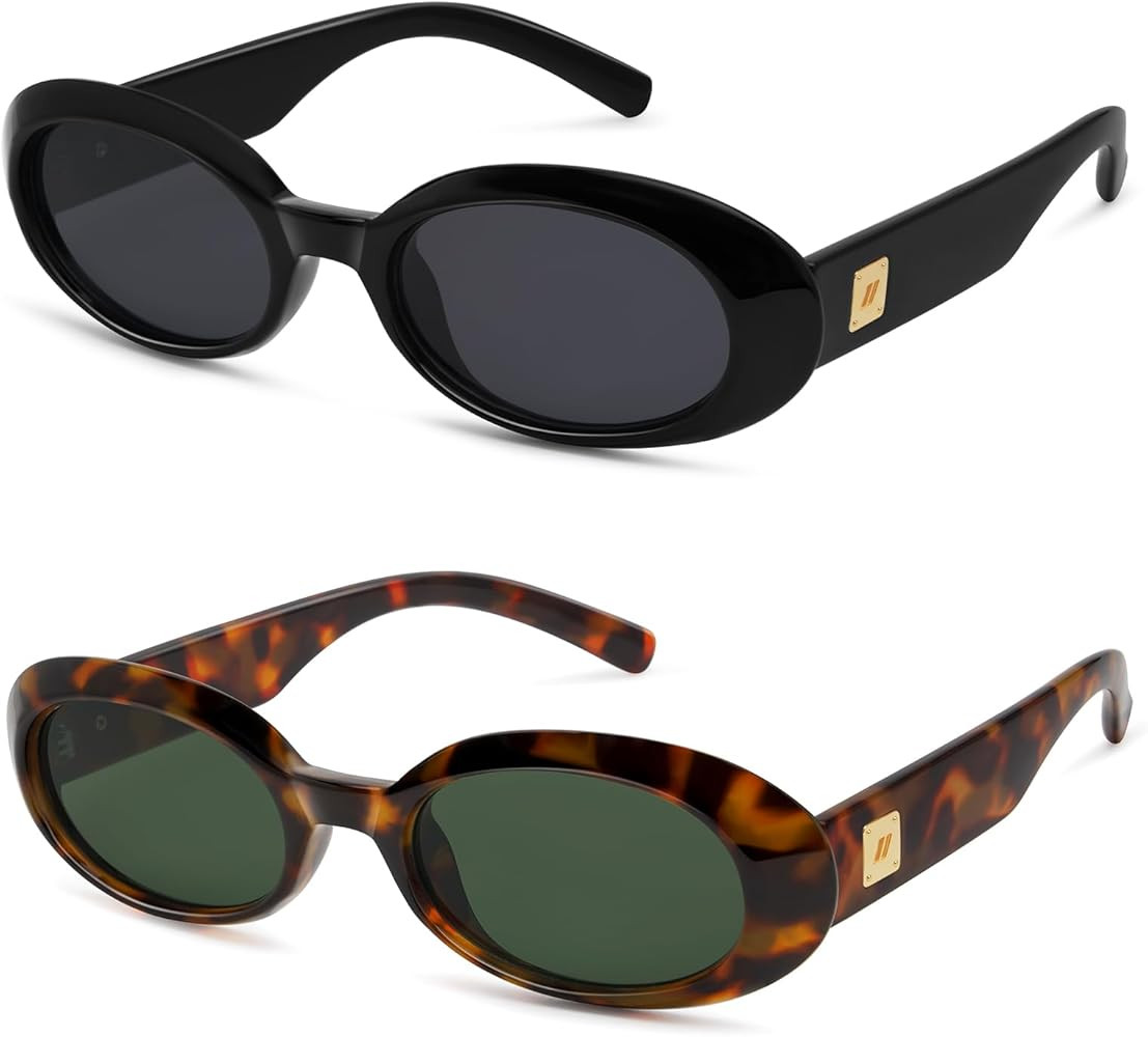 Retro Oval Sunglasses for Women Men Trendy Small 90s Style Vintage Skinny Narrow Frame 2-Pack | Amazon (US)