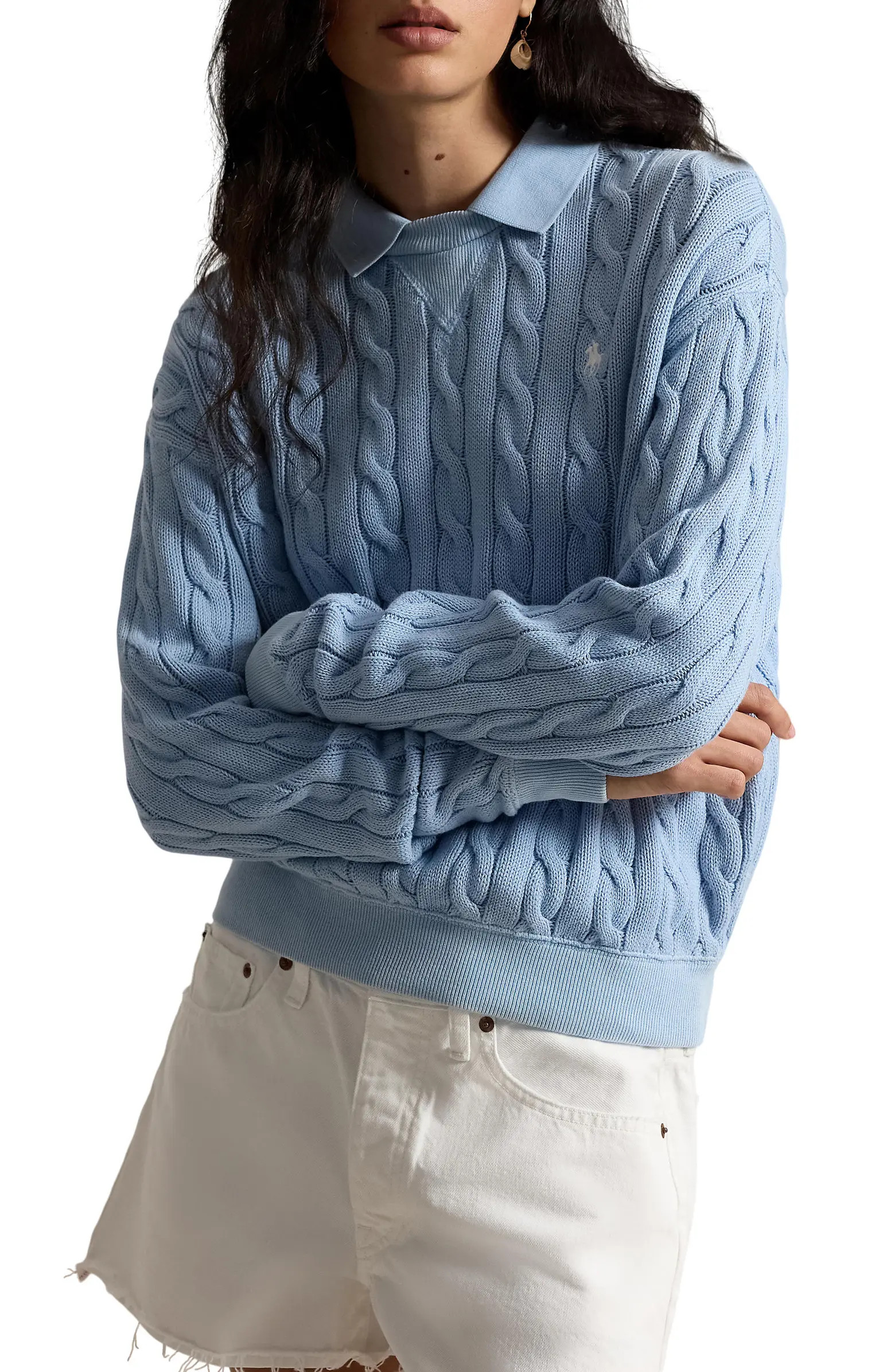 Polo Ralph Lauren Layered Collar Cable Stitch Cotton Sweater | Nordstrom | Nordstrom