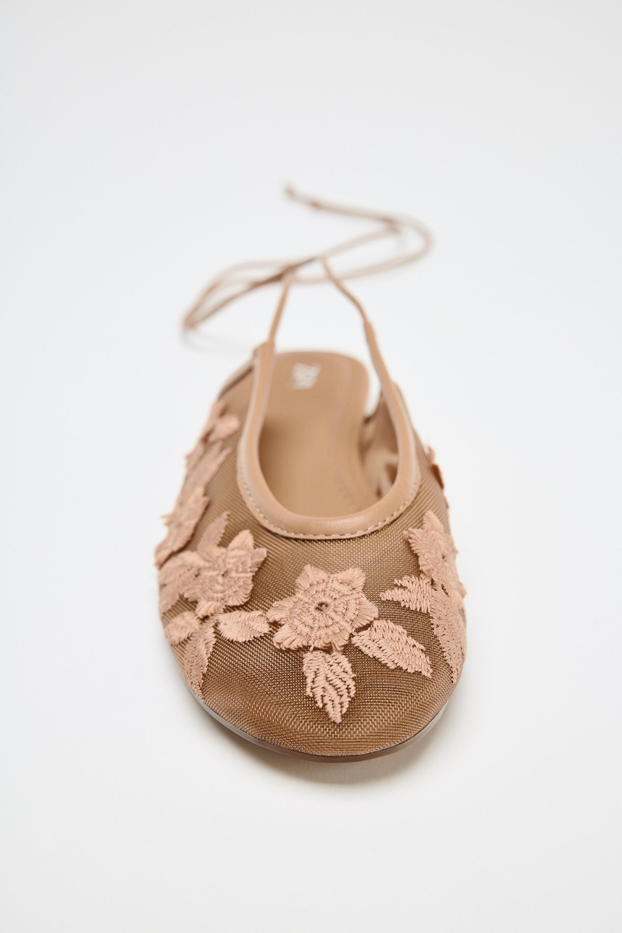 TIED MESH EMBROIDERED BALLERINAS | Zara US