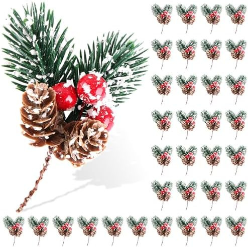 Yalumo 35 Pcs Snowy Christmas Floral Picks with Pine Cones and Red Berries, Artificial Greenery P... | Amazon (US)