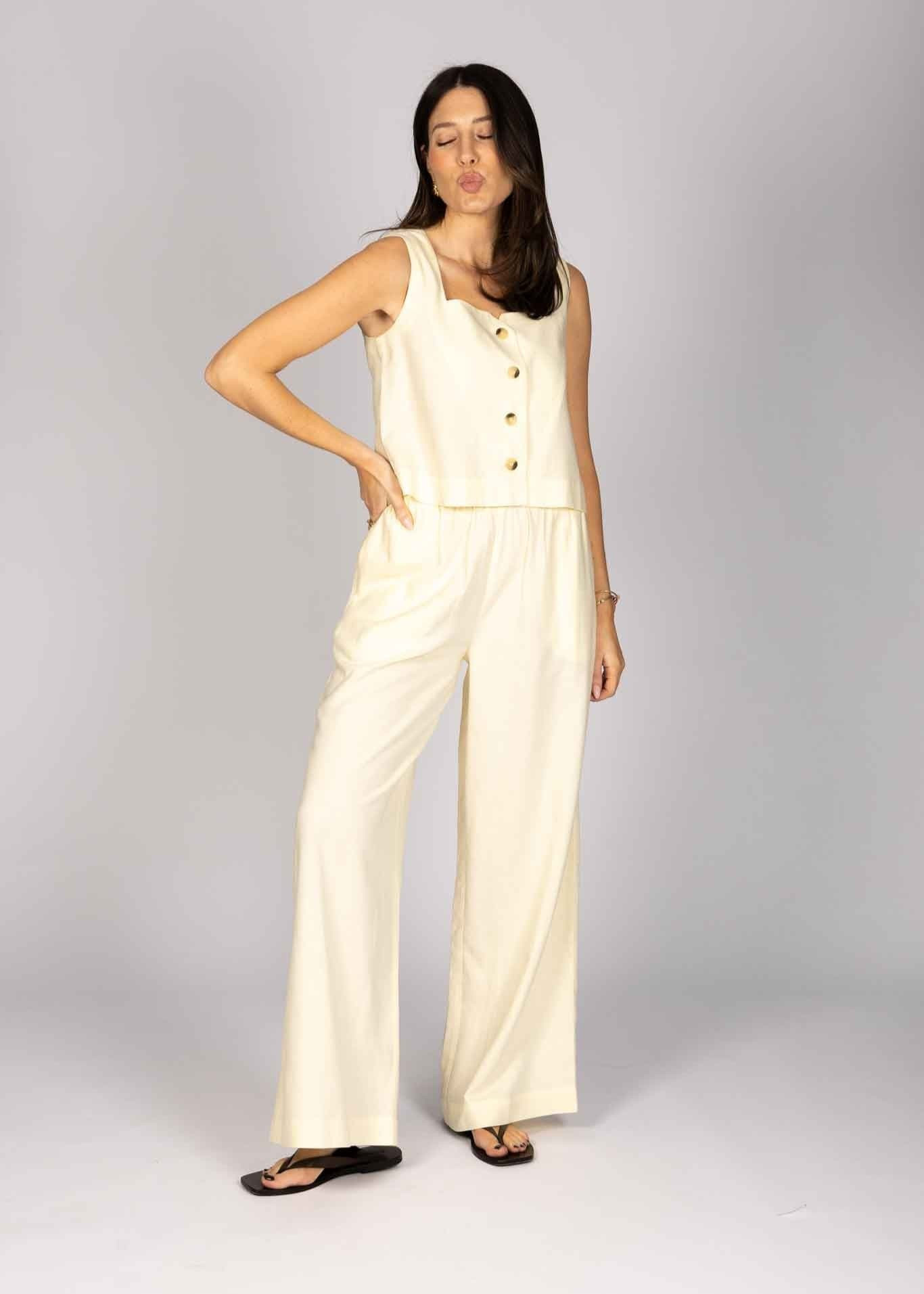 LINEN BLEND WIDE LEG TROUSERS - LIMONCELLO | WAT The Brand