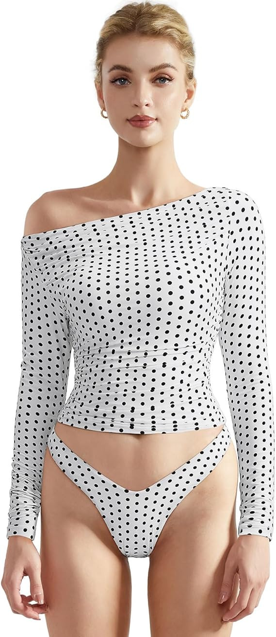SUUKSESS Women Off Shoulder Long Sleeve Shirts Double Lined Fitted Crop Tops | Amazon (US)