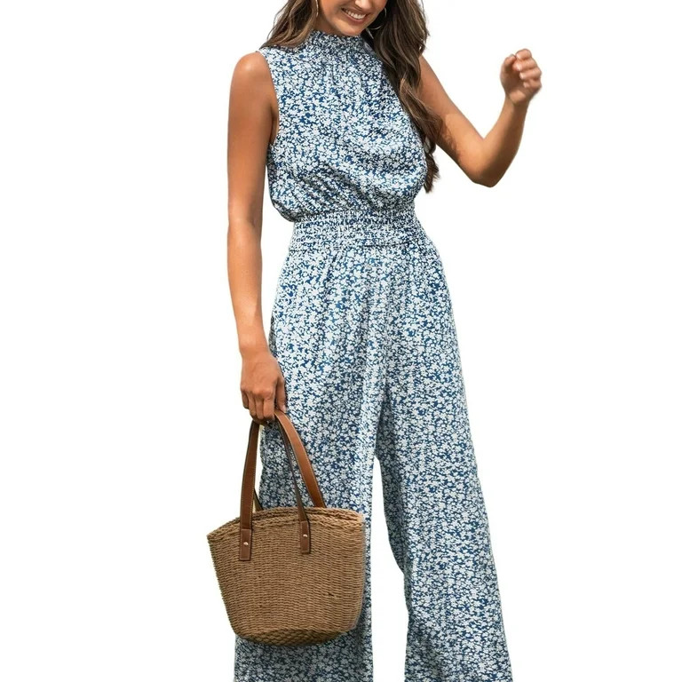 CUPSHE Women's Mock Neck Floral Print Sleeveless Straight Leg Maxi Jumpsuit | Walmart (US)