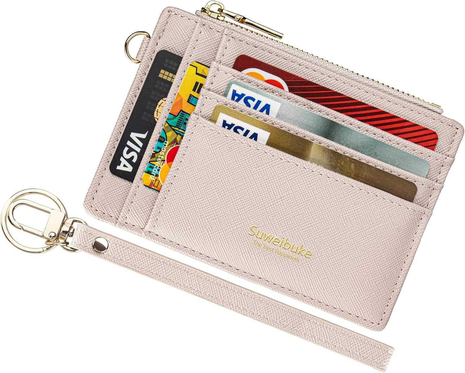 Wikavanli Women Slim Rfid Blocking Credit Card Case Holder Wristlet Zip ID Case Wallet Small Compact Leather Wallet Coin Purse with Keychain(Light Sand) | Amazon (US)
