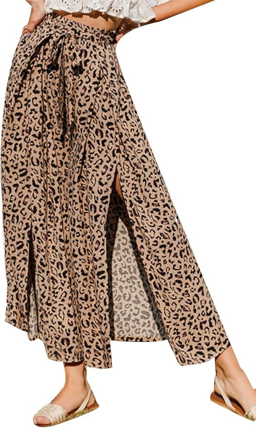 Simplee Women's Elegant Striped Split High Waisted Belted Flowy Wide Leg Pants with Pockets | Amazon (US)