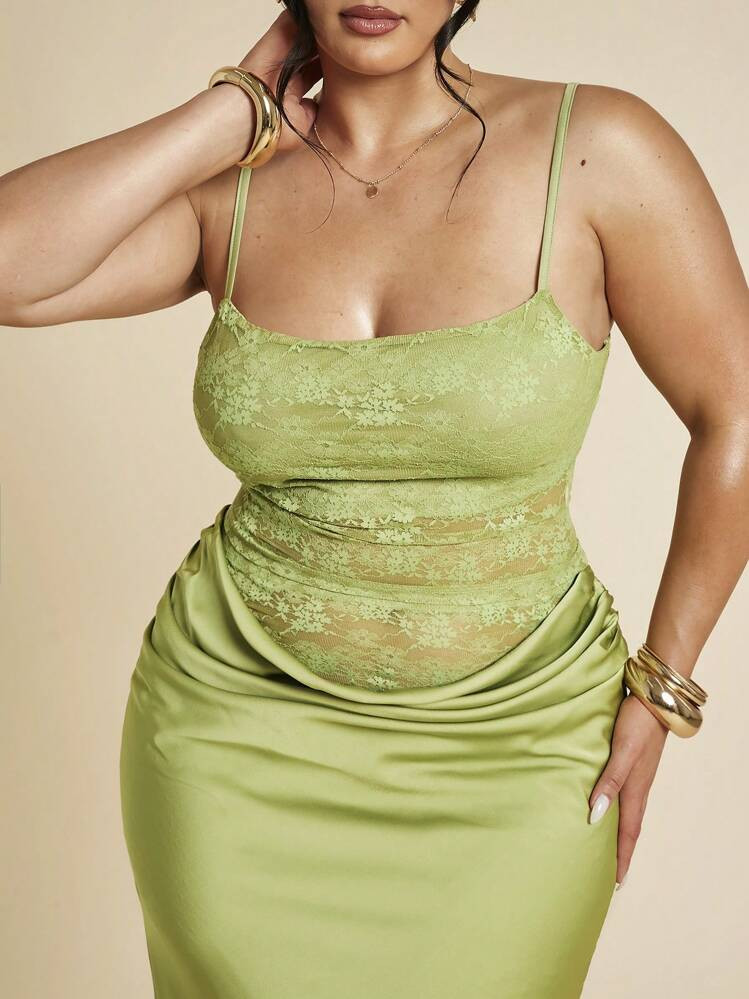 SHEIN BAE Plus Size Women Spring And Summer Elegant Concert Beach Vacation Sexy Solid Color Lace Halter Camisole And Maxi Skirt Vacation Two Pieces Set, 4th Of July Curve,Beach Outfit For Women,Airport Outfit Women,Festival Outfits Women,Graduation ,Women Summer Clothes,Going Out Tops Women,Rave Outfits,Club Outfits Women Sexy,Birthday Outfits For Women,Western Wear Women,Green Set,2pc | SHEIN