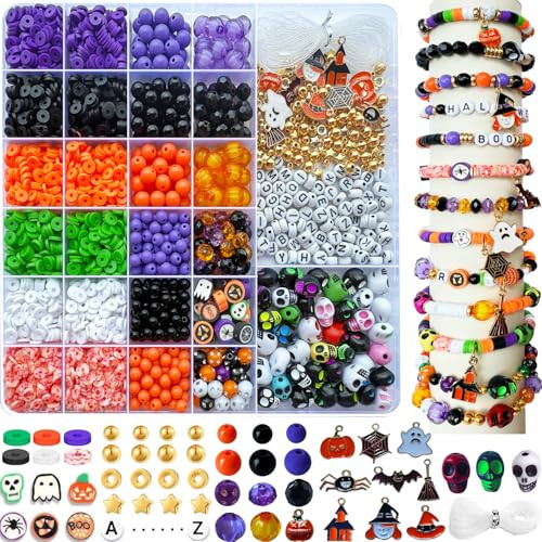 3140Pcs Halloween Beads for Bracelet Jewelry Making Kit, Halloween Clay Beads Black White Orange Purple Pumpkin Round Letter Star Skull Bead Bulk with Ghost Witch Hat Charm for DIY Craft Earring | Amazon (US)