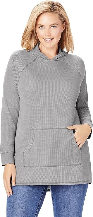 Woman Within Women's Plus Size Washed Thermal Waffle Hooded Sweatshirt | Amazon (US)