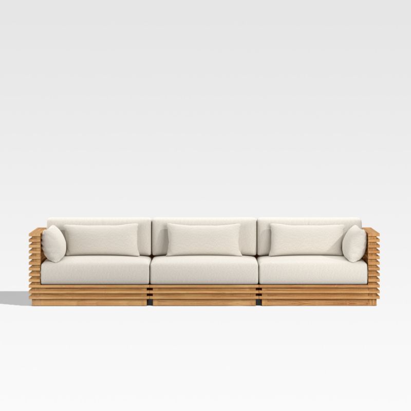 Batten Teak Outdoor Sofa with Oat Cushions + Reviews | Crate & Barrel | Crate & Barrel