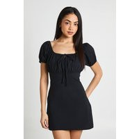 Cotton Milkmaid Cap Sleeve Dress, black | PrettyLittleThing US