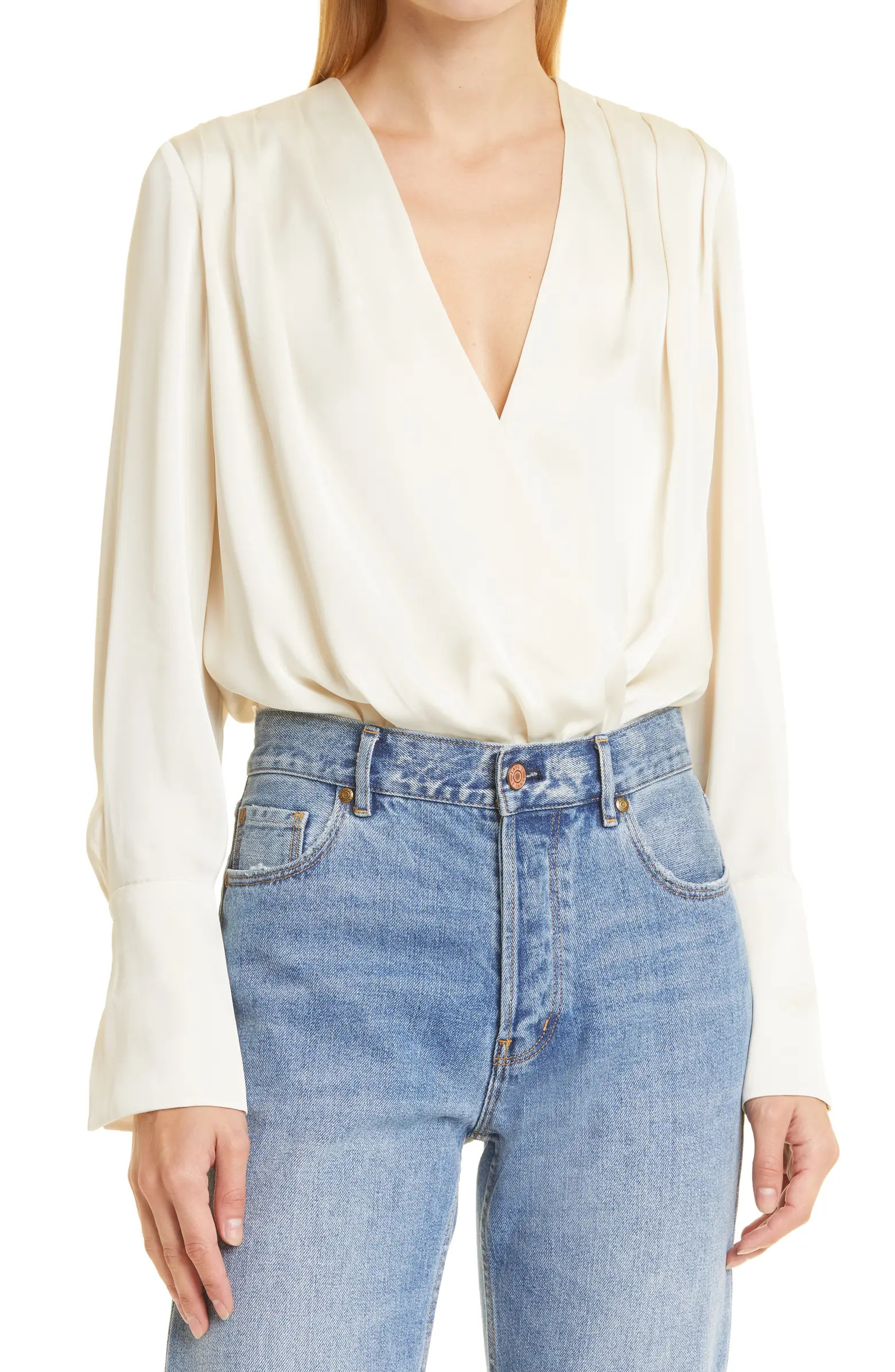 Surplice Long Sleeve Satin Bodysuit | Nordstrom