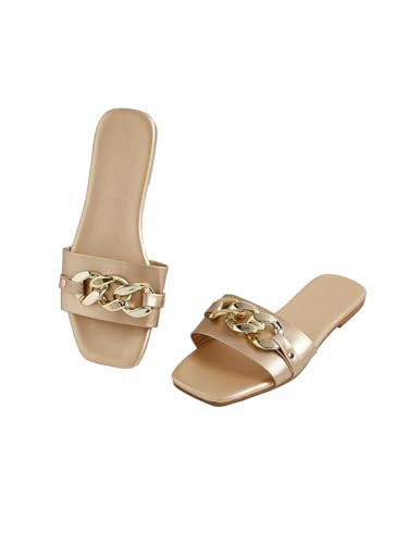 GORGLITTER Women's Metallic Flat Sandals Open Toe Single Band Slide Sandals Gold 6.5 | Amazon (US)