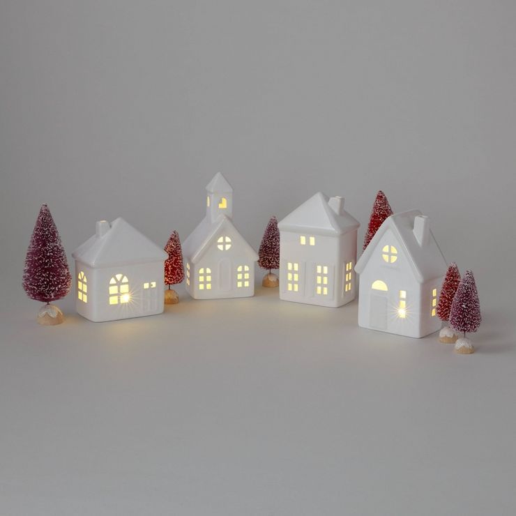 10pc Battery Operated Decorative Ceramic Village Kit White with Blush Trees - Wondershop&#8482; | Target