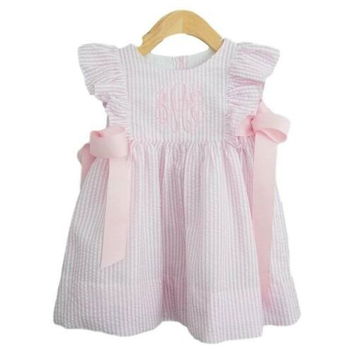 Pink Seersucker Ruffle Side Tie Dress - Shipping Late May | Cecil and Lou