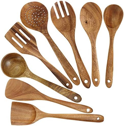 Bekith 8 Pack Wooden Spoons for Cooking, Kitchen Utensils Set, Natural Teak Long Wood Spoon and Spat | Amazon (US)