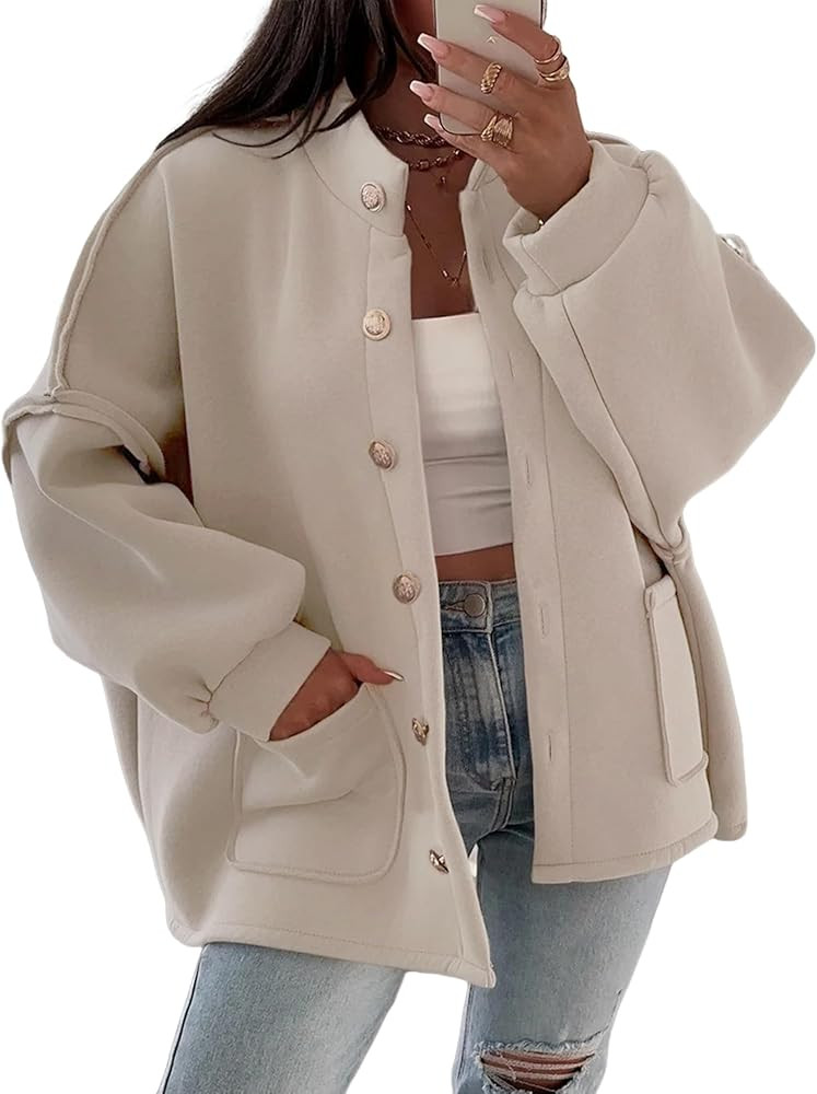 Faleave Women's Oversized Button Down Jacket Lantern Long Sleeve Coat Fall Winter Mock Neck Casua... | Amazon (US)