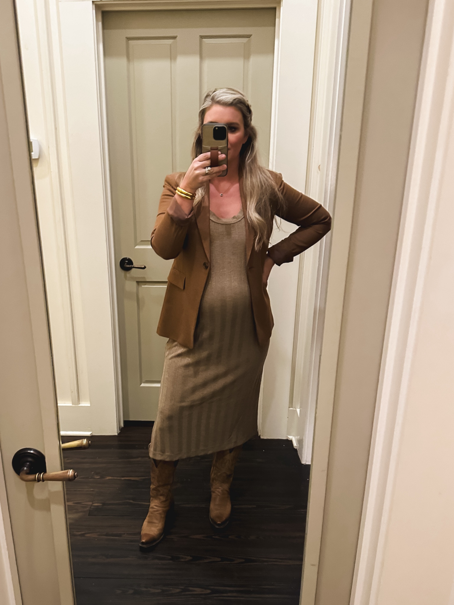 Winter date night. Dress isn’t maternity but works great with a bump. Boots are Savannah by Lucchese in Tan.