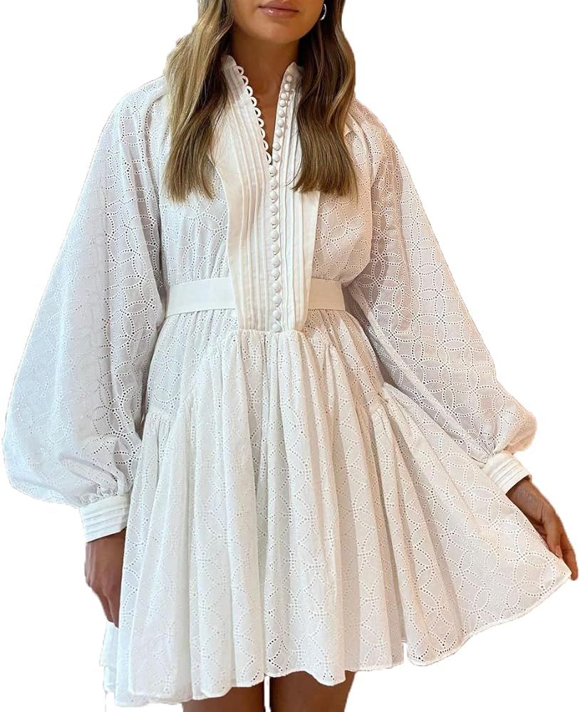 Aoxwomens Button Down Shift Swing Dress Ruffle Sleeve Tunic Midi Sundress Pockets Mini Skirt with... | Amazon (US)