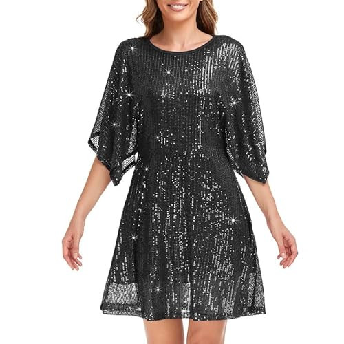 NOYIVA Womens Sequin Loose Dress Party Split Sleeves Casual Loose Mini Short Dresses | Amazon (US)