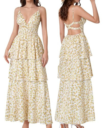 GLNEGE Womens Summer Floral Maxi Dresses Spaghetti Strap Boho Tiered Flowy Beach Dress for Wedding Guest Tea Party Sundress | Amazon (US)