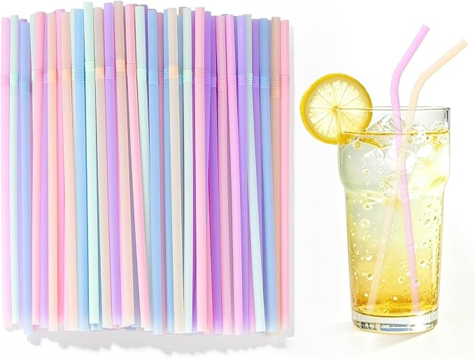 [200 Pcs] Bendy Disposable Plastic Drinking Straws - 8.26" Long & 0.24" Diameter Pastel Cute Stra... | Amazon (US)