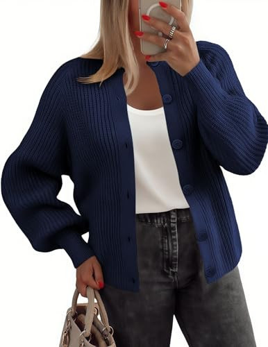 Zeagoo 2025 Cardigan Sweaters for Women Long Sleeve Chunky Knit Cardigan Crew Neck Button Down Fall Fashion Navy Clothes | Amazon (US)