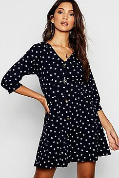 Ditsy Floral Button Through Shift Dress | Boohoo.com (US & CA)