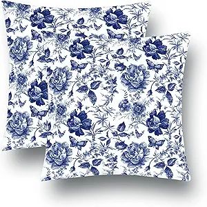 Blue and White Porcelain Floral Pillow Covers Set of 2 Modern Vintage Chinoiserie Decorative Thro... | Amazon (US)