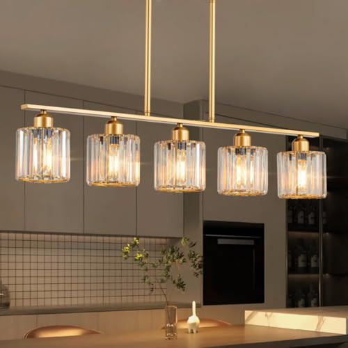 36" Chandeliers for Dining Room, Brass Pendant Lights Kitchen Island Lighting, 5-Light Gold Dining Room Light Fixture Chandeliers over Table Brushed Gold Island Lights for Kitchen, K9 Crystal Shades | Amazon (US)