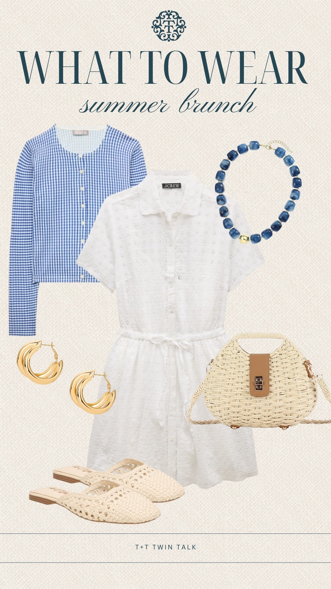 T+T, what to wear! This white eyelet shirtdress paired with the blue gingham cardigan feels so fresh for summer brunch. Styled with woven shoes, a straw bag, gold hoops, and a blue statement necklace, it’s an easy outfit for brunch, errands, or a casual day out.

#LTKootd #LTKgrwm #LTKdayinmylife