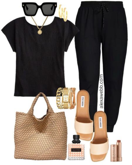 Plus Size Black Joggers Outfit - A casual plus size outfit for running errands and casual outings this summer. Plus size black joggers with a black tee and beige tote bag by Alexa Webb.

#LTKplussize #LTKSeasonal #LTKstyletip