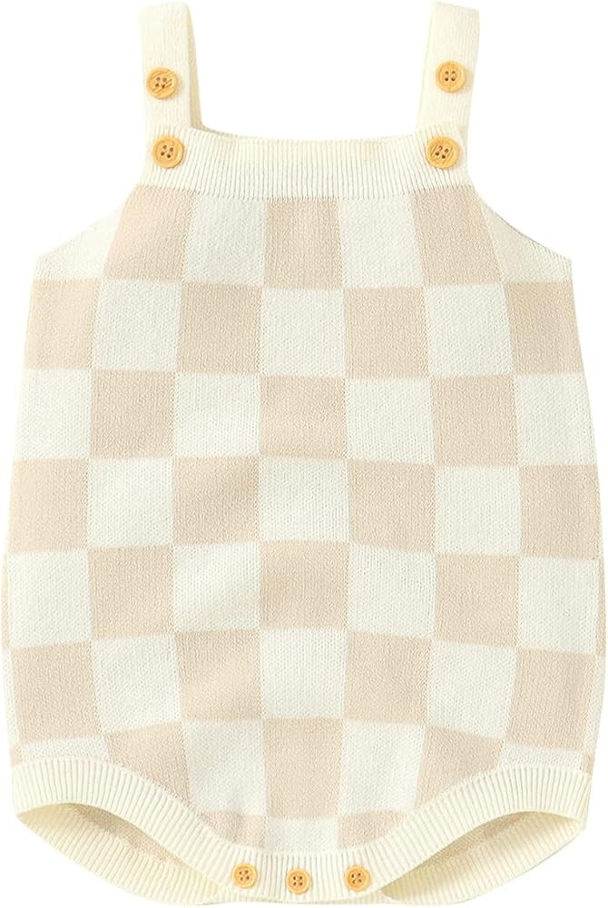 Gueuusu Newborn Baby Girl Summer Clothes Floral/Checkerboard Print Sleeveless Knitted Bodysuit Ro... | Amazon (US)