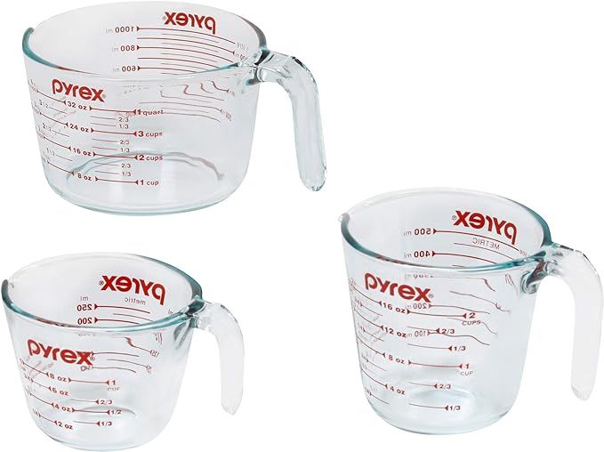 Pyrex 3 Piece Glass Measuring Cup Set, Includes 1-Cup, 2-Cup, and 4-Cup Tempered Glass Liquid Mea... | Amazon (US)