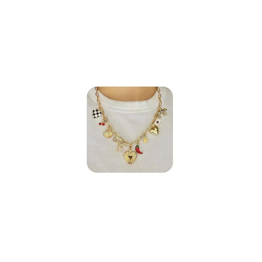 Trendy Stainless Steel Gold Plated Charm Necklace with Heart Pearl Pepper Conch Ceramic Pendant N... | Amazon (US)