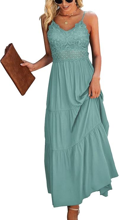 Dokuritu Women's Beach Crochet Lace Maxi Dress Solid Color Summer Vacation Spaghetti Strap Long D... | Amazon (US)