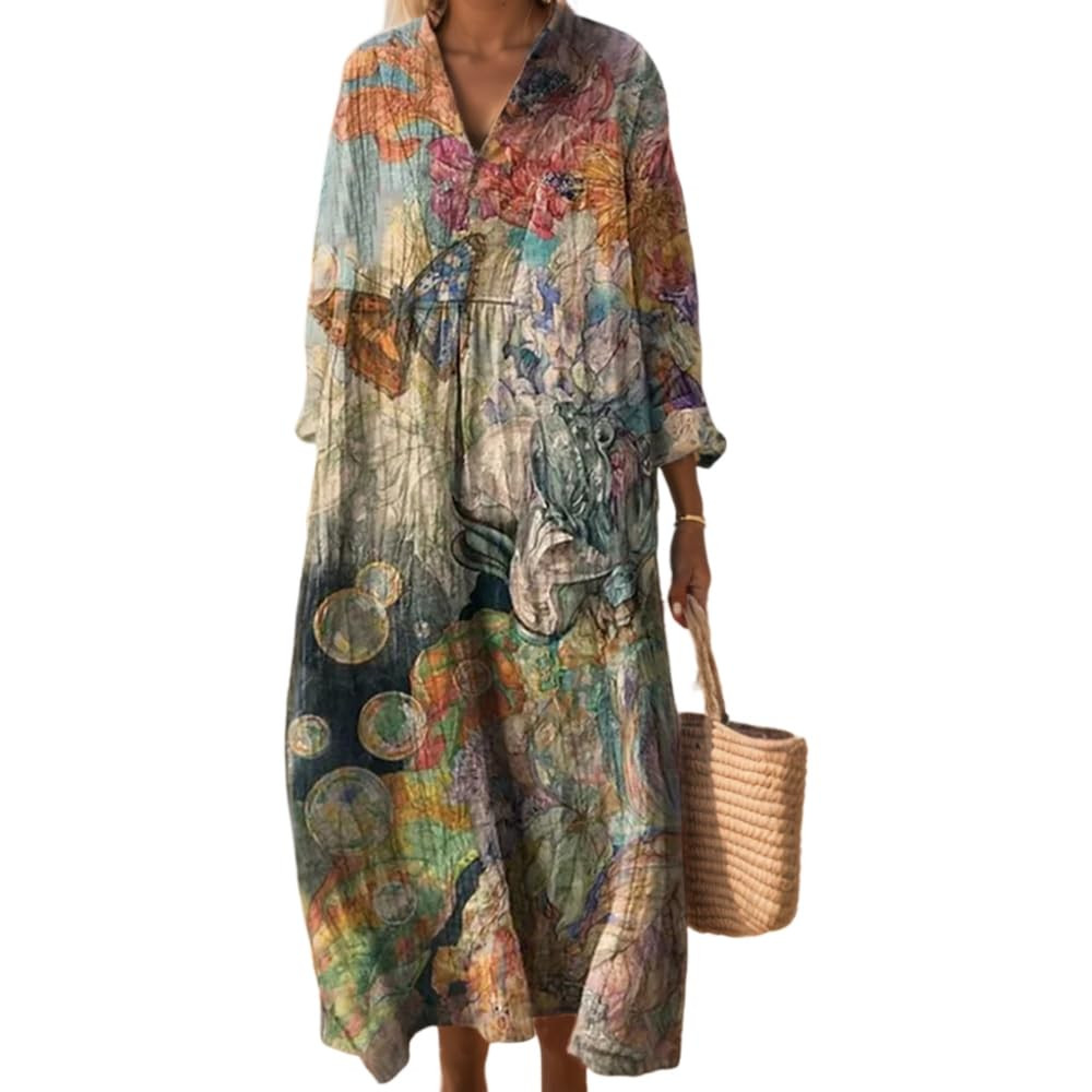 Akivide Women's Oversized Smocked Long Sleeve Boho Dress Spring Summer Casual Floral Print V Neck... | Amazon (US)