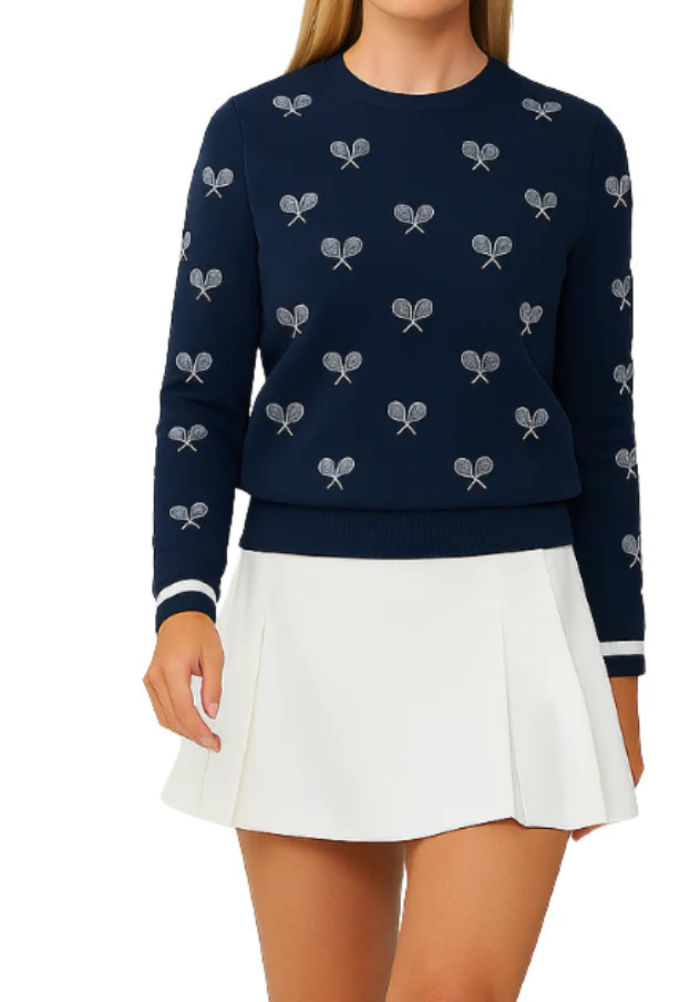 Women's All-Over Tennis Racquet Sweater - Navy & White | Runway Athletics | Runway Athletics