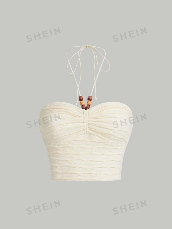 SHEIN MOD Tie Backless Ruched Halter Beads Boho Top | SHEIN