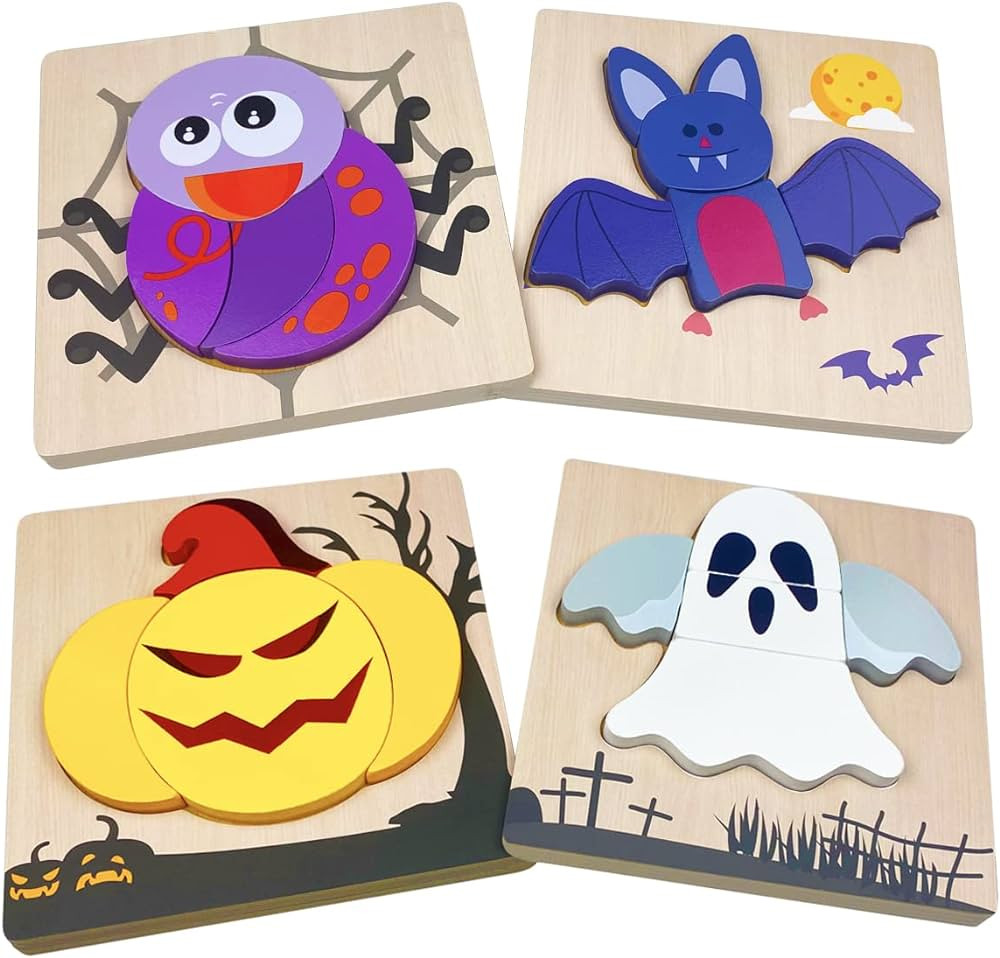 Anditoy 4 Pack Halloween Wooden Puzzles for Kids Toddlers Halloween Toys Party Favors Treat Bags ... | Amazon (US)