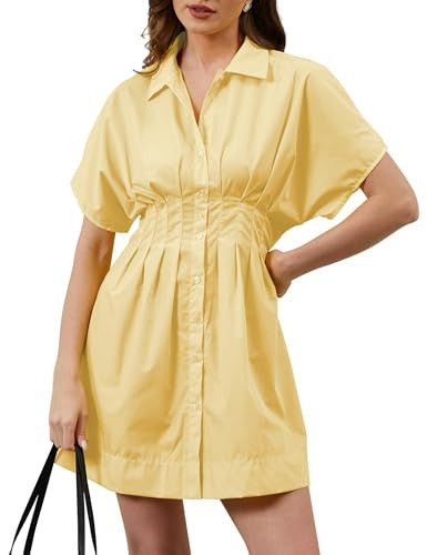 MSBESYOR Women Button Down Pleated Shirt Dress Summer Short Sleeve Blouse Striped Print Corset Mini Dresses Yellow | Amazon (US)