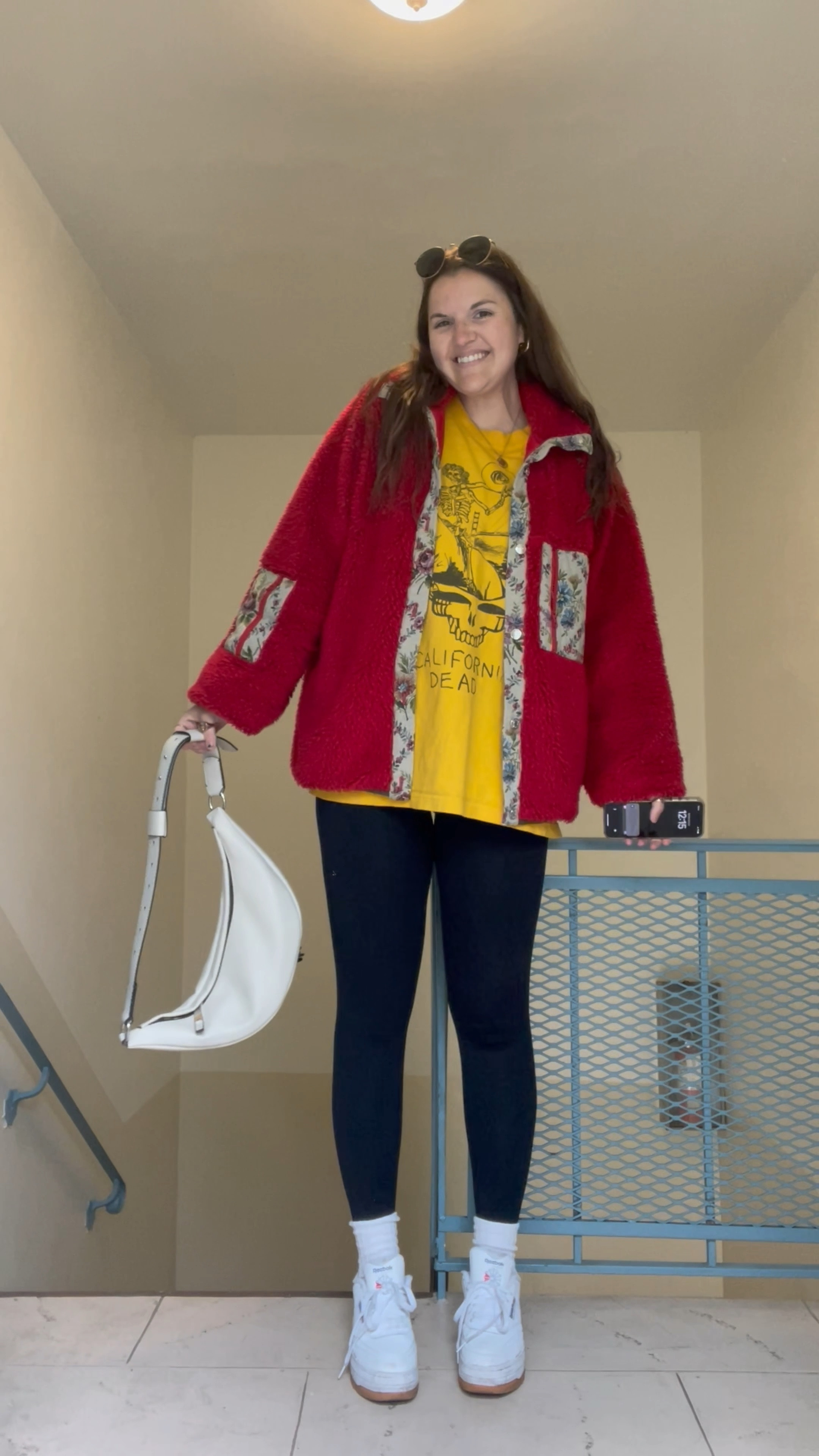 grateful dead graphic tshirt, graphic tee, casual outfit, comfy clothes, fitness, workout, Sandy Liang red Boxbox Fleece Jacket, coat,  floral patchwork oversized jacket, rent the runway, clothing rental, spanx Every.Wear Active Icon black Leggings, amazon Jefferies Socks Women's Plus Size Cotton Turn Cuff Sock, Reebok Women's Club C Extra Sneaker from free people, Proenza Schouler White Label Stanton Leather Sling Bag, designer purse, fanny pack, gold jewelry from Amazon (hoop earrings, rings), fall / winter, spring / summer, round metal rayban sunglasses, croissant ring, Constellation Necklace Pendant 14K Gold-Plated Hammered Round Disc Engraved Zodiac Sign Pendant, virgo

#LTKstyletip #LTKunder100 #LTKunder50