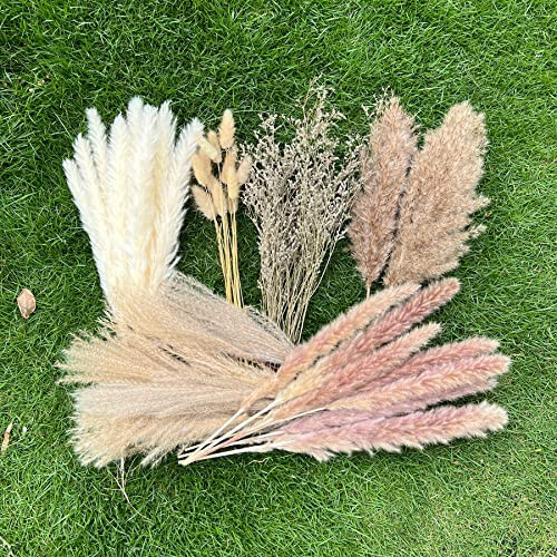 100Pcs Pampas Grass Boho Home Decor 17 inch Natural Dried Flowers-Pampas Grass Contains Bunny Tails White Pampas Brown Pampas.Boho Decor for Farmhouse Wedding Boho Wall Bathroom Office Kitchen… | Amazon (US)