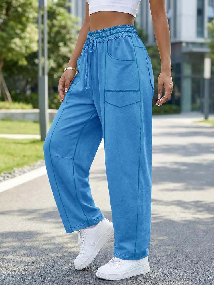Aoysky Womens Baggy Barrel Wide Leg Pants Casual Drawstring Elastic Waist Contrast Stitch Workout Sweat Pants with Pockets | Amazon (US)