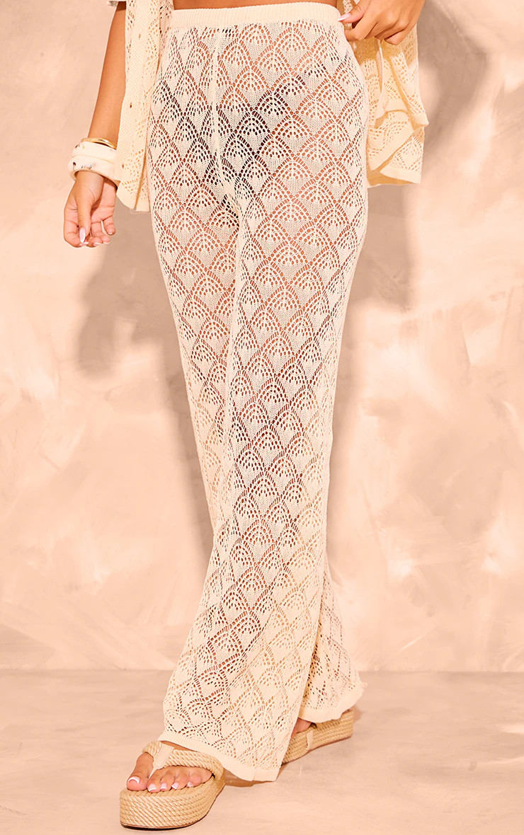 Cream Patterned Crochet Knit Wide Leg Floaty Trousers | PrettyLittleThing UK