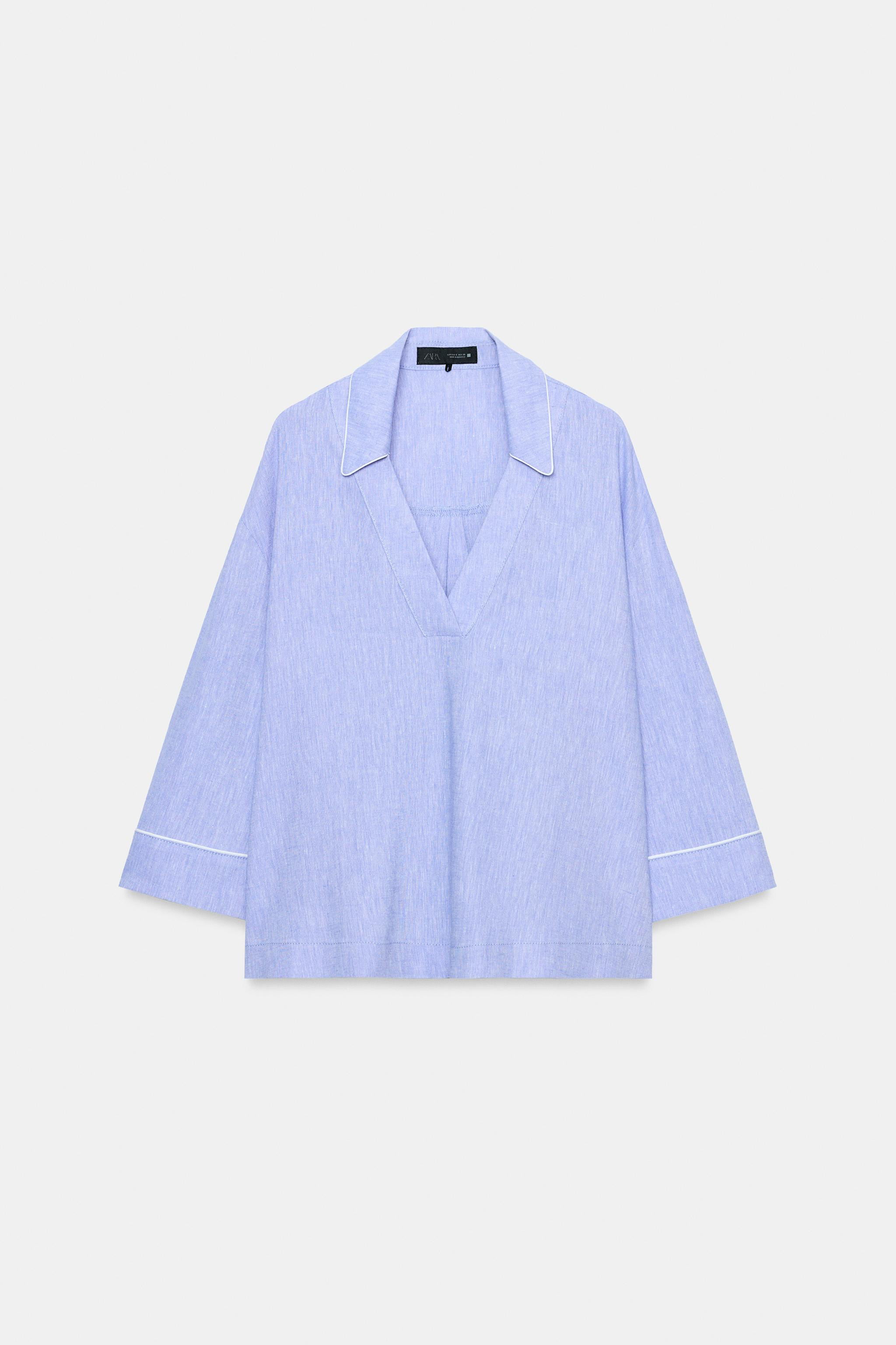 LINEN BLOUSE WITH CONTRAST PIPING | Zara US