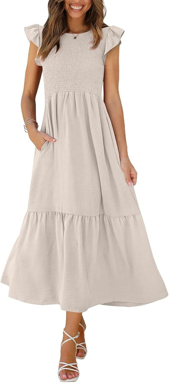 OFEEFAN Women's Casual Maxi Dresses with Pockets Ruffle Sleeve Smocked Dress XS-2XL | Amazon (US)