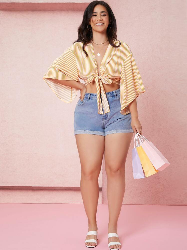 SHEIN WYWH Plus Striped Flounce Sleeve Tie Front Top | SHEIN