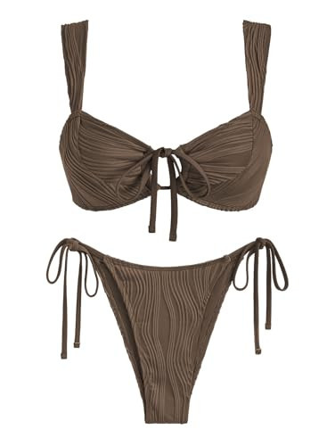 ZAFUL Women's Cinched Bikini Solid Color Wave Textured Knotted Tied Side Two Piece Swimsuit Bathing Suits (Brown, S) | Amazon (US)